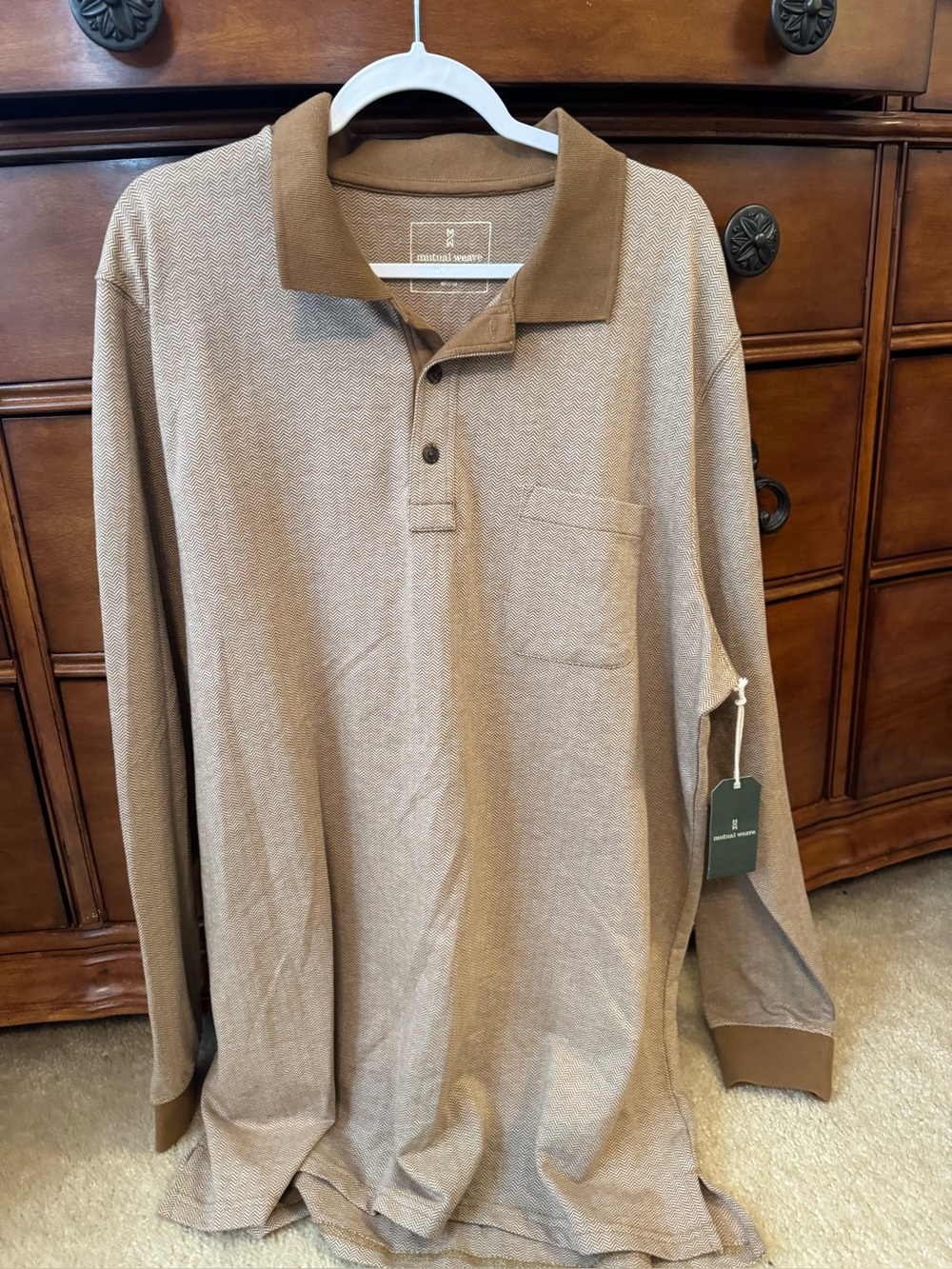 Mutual weave Men's Long Sleeve Polo Shirt - Brown